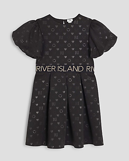 Girls Black Embossed RI Monogram Dress