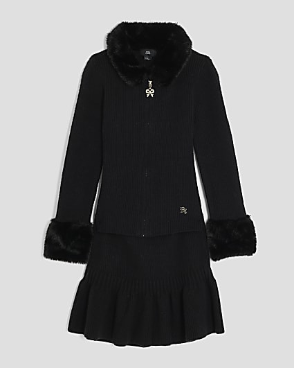 Girls Black Faux Fur Collar Cardigan Set
