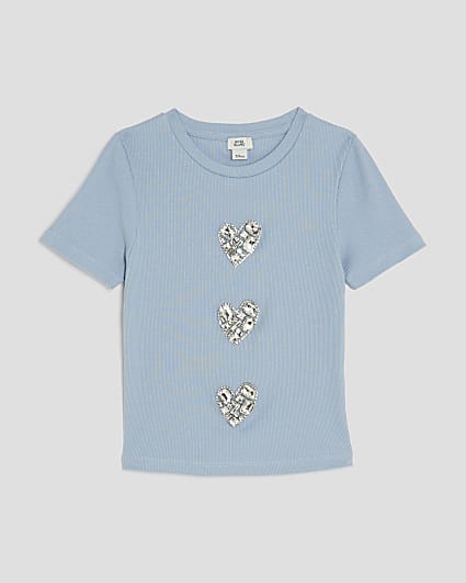 Girls Blue Ribbed Diamante Heart T-Shirt