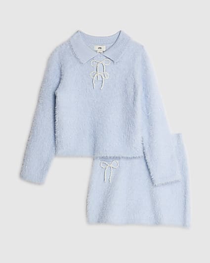 Girls Blue Lurex Bow Jumper And Skirt Set
