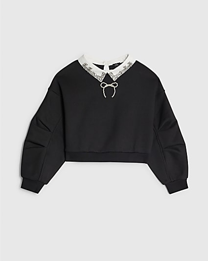 Girls Black Embellished Collar Sweatshirt