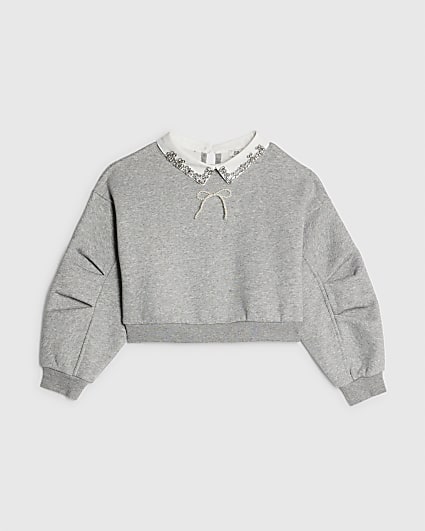 Girls Grey Embellished Collar Sweatshirt