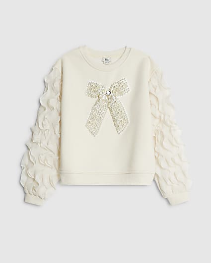 Girls Cream Bow Ruffle Sleeve Sweatshirt