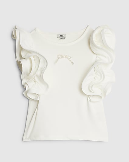 Girls White Bow Ruffle Tank Top