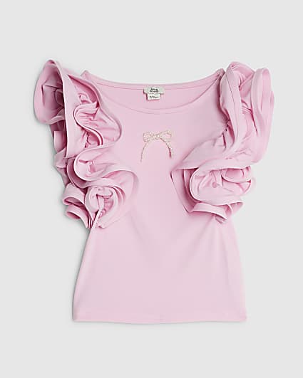 Girls Pink Bow Ruffle Tank Top