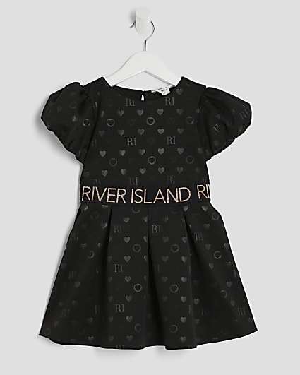 Mini Girls Black Embossed RI Monogram Dress