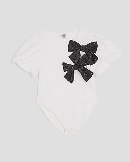 Girls White Embellished Bow Bodysuit