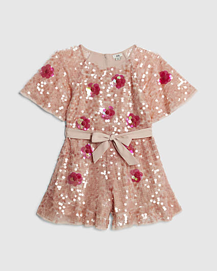Girls Pink Sequin Flower Playsuit