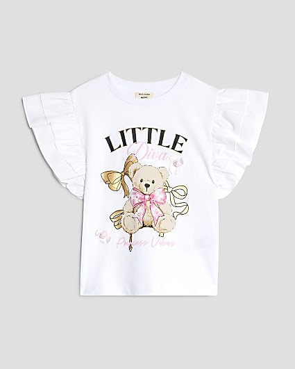 Mini Girls White Frill Sleeve Bear T-shirt