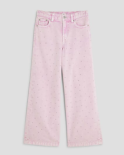 Girls Pink Diamante Washed Wide Leg Jeans