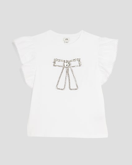 Girls White Frill Bow T-Shirt