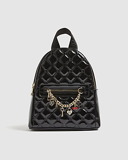 Girls Black Monogram Chain Charm Backpack