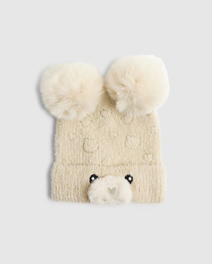 Mini Girls Beige Bear Beanie Hat