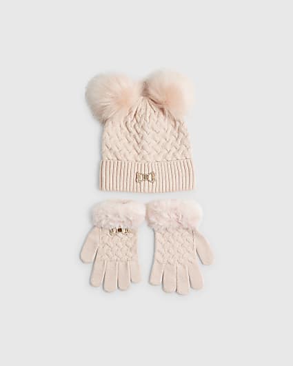 Girls Pink Double Pom Pom Beanie Set