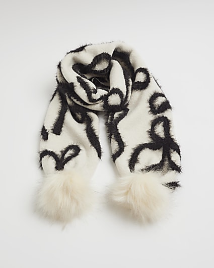 Girls Cream Monochrome Bow Pom Scarf