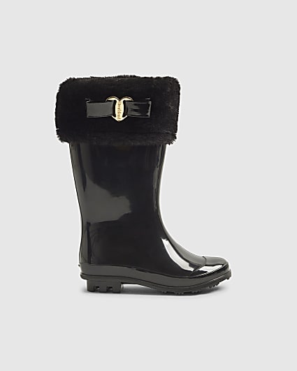 Girls Black Fur Lined Wellies