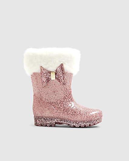 Mini Girls Pink Faux Fur Glitter Welly Boots