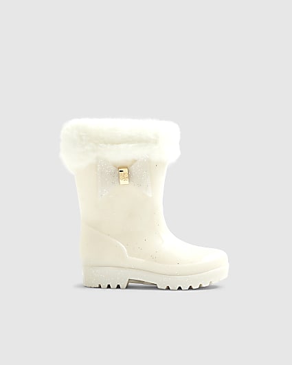 Mini Girls Cream Faux Fur Glitter Welly Boots