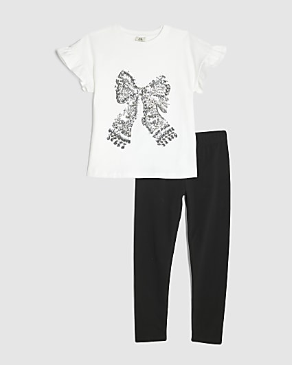 Girls White Sequin Bow Top And Leggings Set
