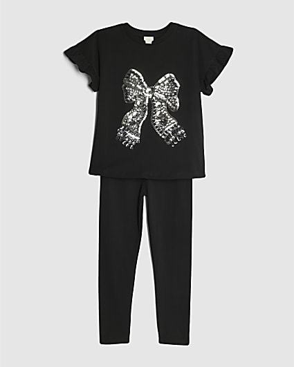Girls Black Sequin Bow Top And Leggings Set