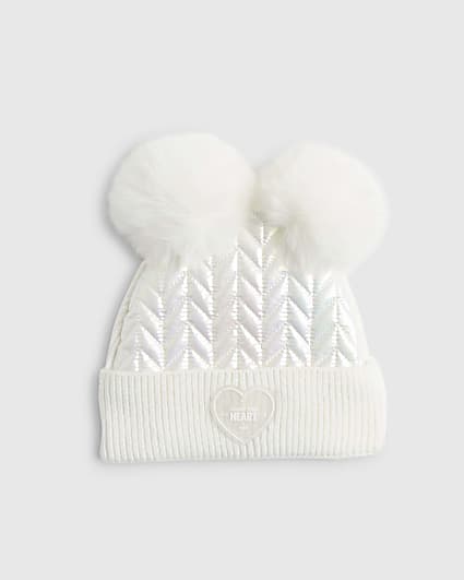 Mini Girls Cream Quilted Beanie Hat