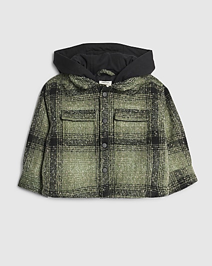 Mini Boys Green Borg Check Hooded Overshirt