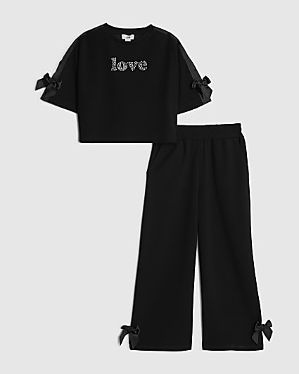 Girls Black Love Bow T-Shirt And Joggers Set