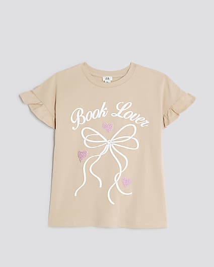 Girls Beige  Book Lover Frill T-Shirt
