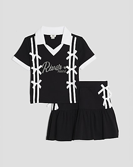 Girls Black Polo Shirt And Skirt Bow Set