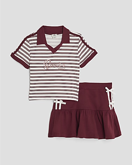 Girls Red Polo stripe skirt set