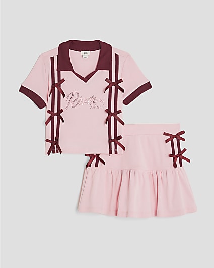 Girls Pink bow polo skirt set