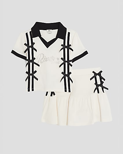Girls Cream Polo Shirt And Skirt Bow Set