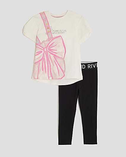 Mini Girls cream L'amour Bow Bag T-Shirt Set