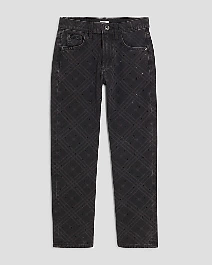 Girls Black Check Hotfix Straight Jeans