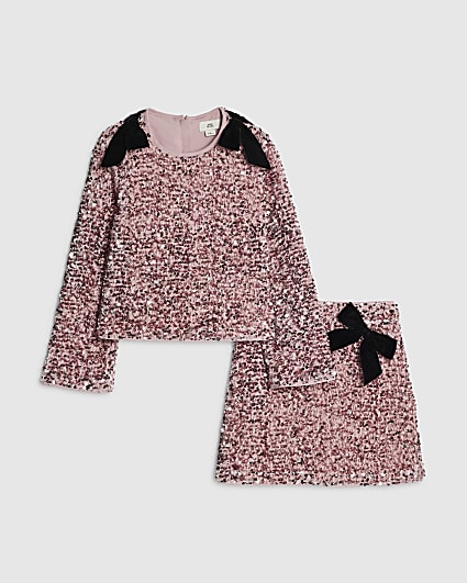 Girls Pink Sequin Bow Top Set