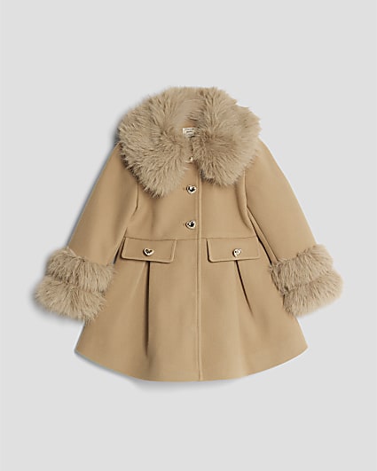 Mini Girls Beige Longline Wool Coat