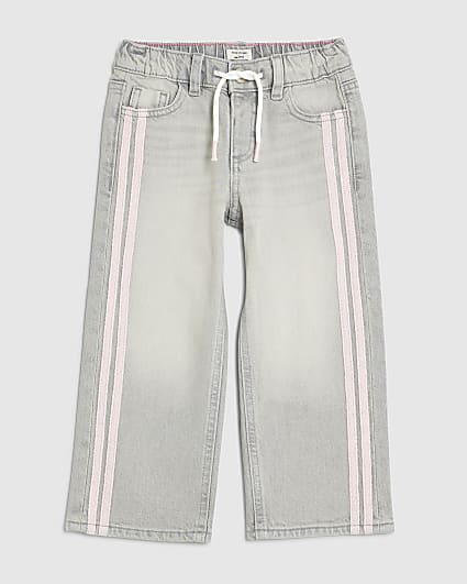 Mini Girls Grey Pull On Stripe Wide Leg Jeans