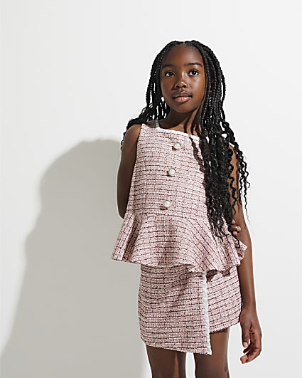 Girls Pink Boucle Check Peplum Top