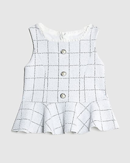 Girls White Boucle Check Peplum Top