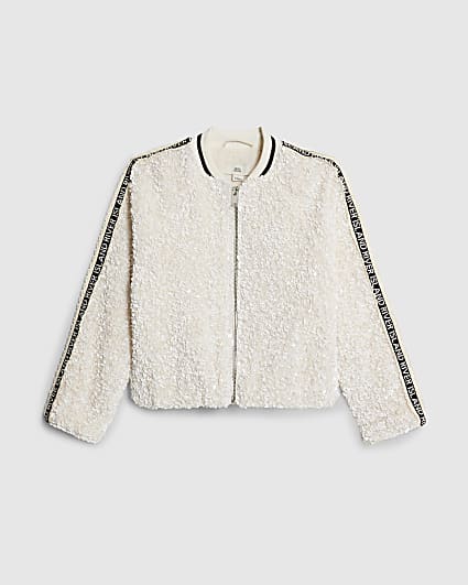 Girls Cream Sequin Bomber Jacket