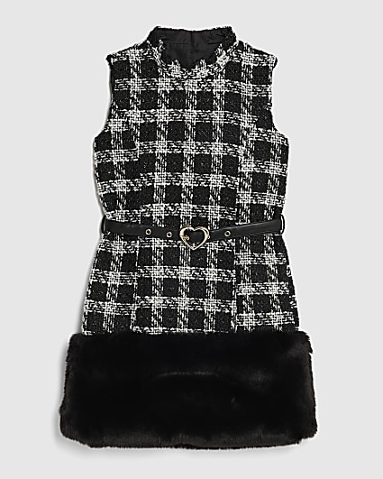 Girls Black Monochrome checked Fur Hem Dress