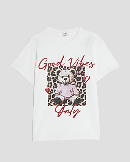 Girls White Leopard Bear T-shirt