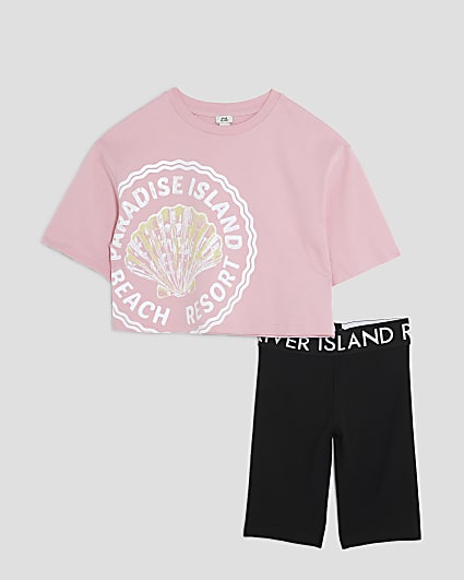 Girls Pink Shell Crop Top & Cycle Shorts Set