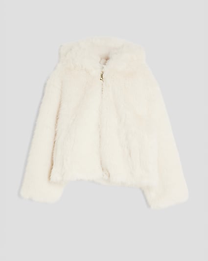 Girls Cream Faux Fur Bomber Jacket