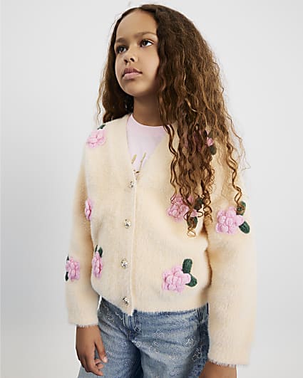 Girls Cream Fluffy Floral Cardigan