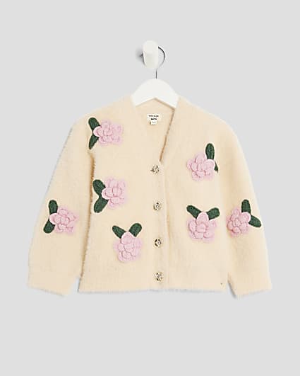 Mini Girls Cream Fluffy Flower Cardigan