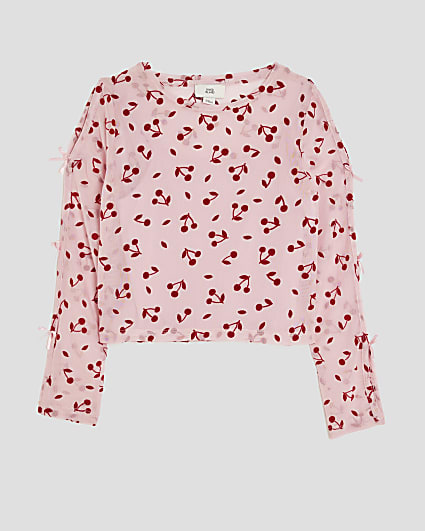 Girls Pink Cherry Mesh Long Sleeve T-Shirt