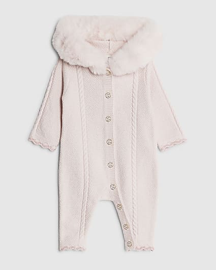 Baby Girls Pink Fur Collar Knitted Romper