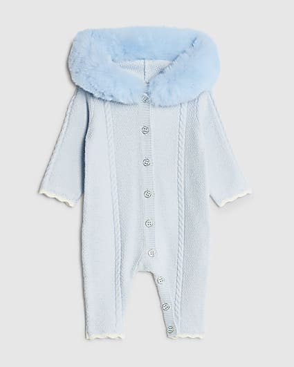 Baby Boys Blue Faux Fur Collar Knitted Romper