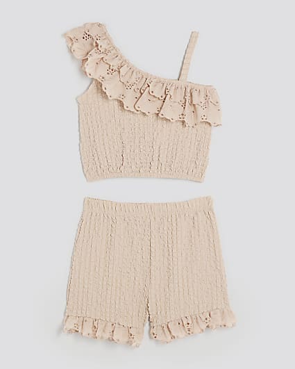 Girls Beige Lace Asymmetric Cami Top Set